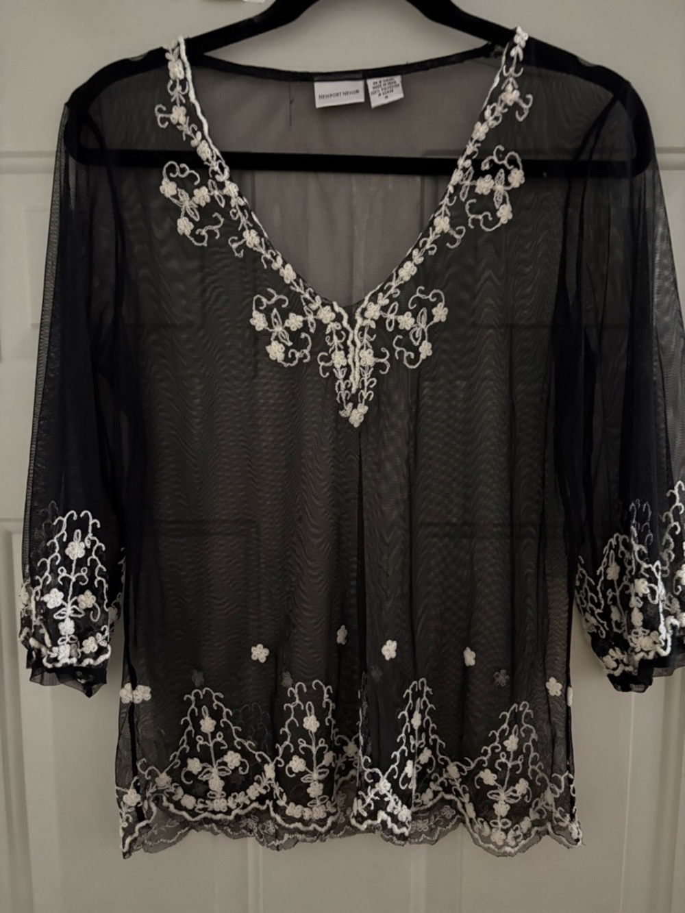 Newport News Black Sheer Mesh Blouse with Lace Trim